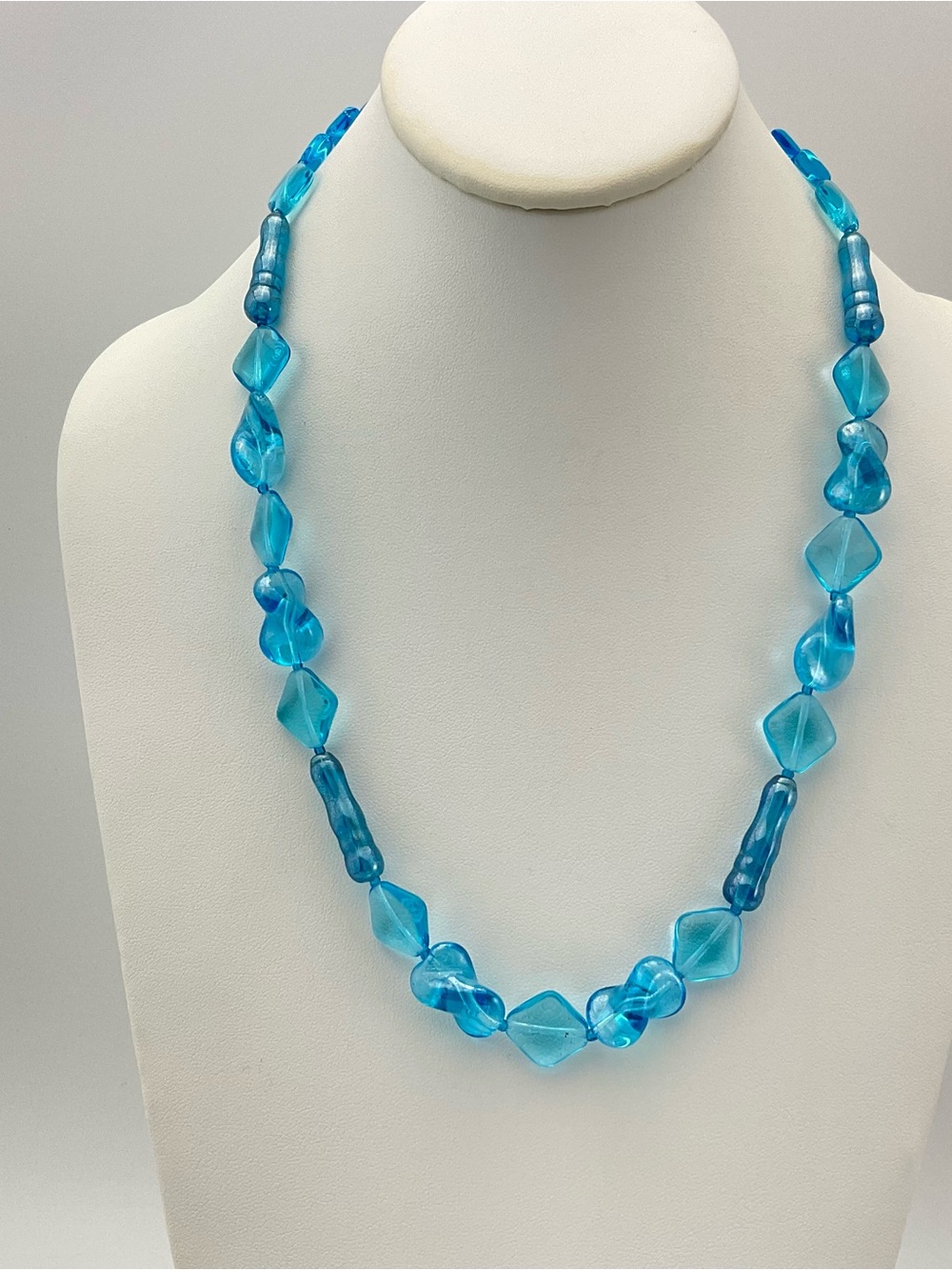 Aqua Vintage Glass Bead Necklace, Twist, Diamond & Tube Shape, 22.75" Long
